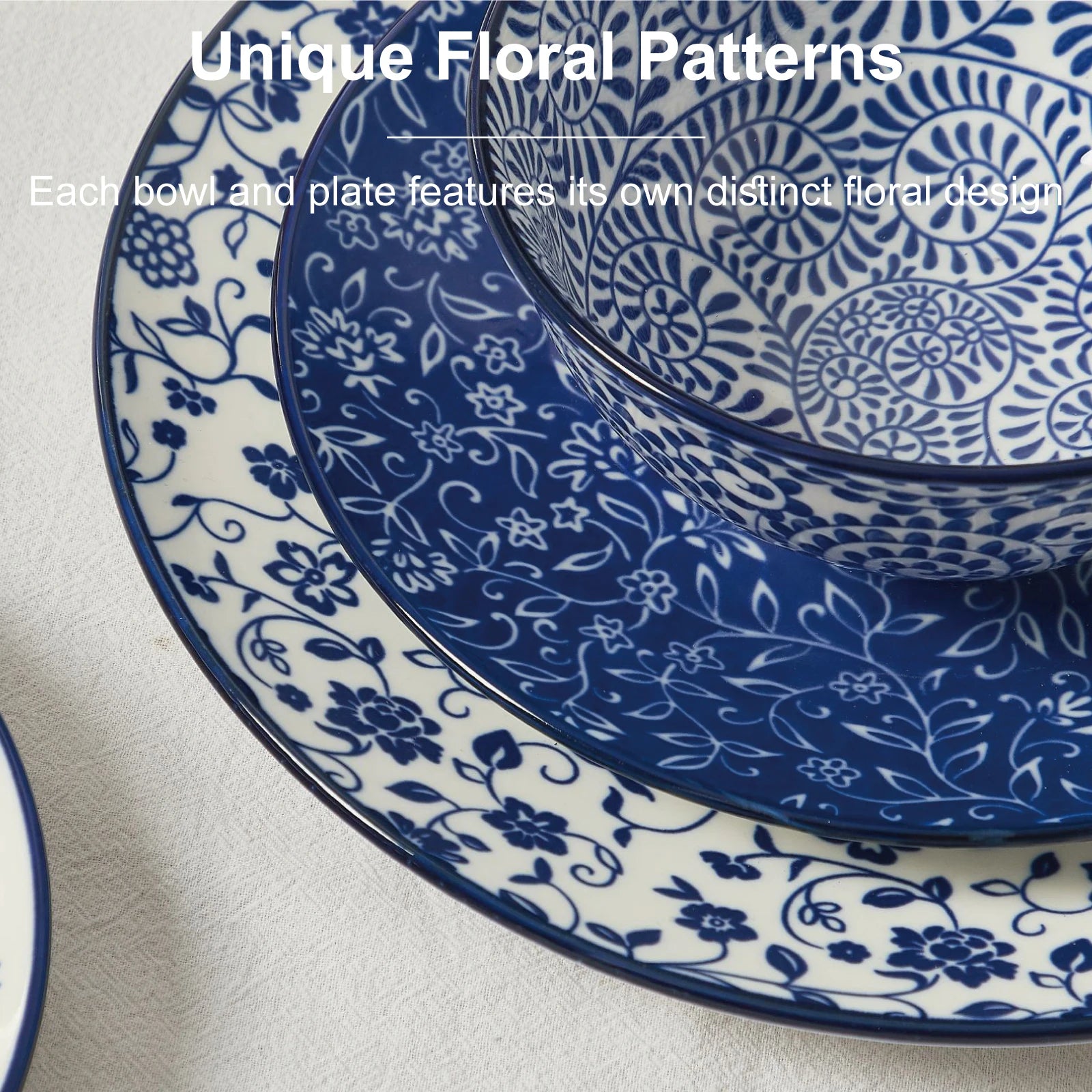 12pcs, Plates and Bowls, Dish Sets Microwave Safe, Vintage Blue