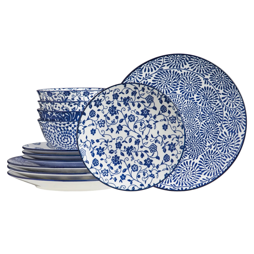 12pcs, Plates and Bowls, Dish Sets Microwave Safe, Vintage Blue