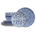 12pcs, Plates and Bowls, Dish Sets Microwave Safe, Vintage Blue
