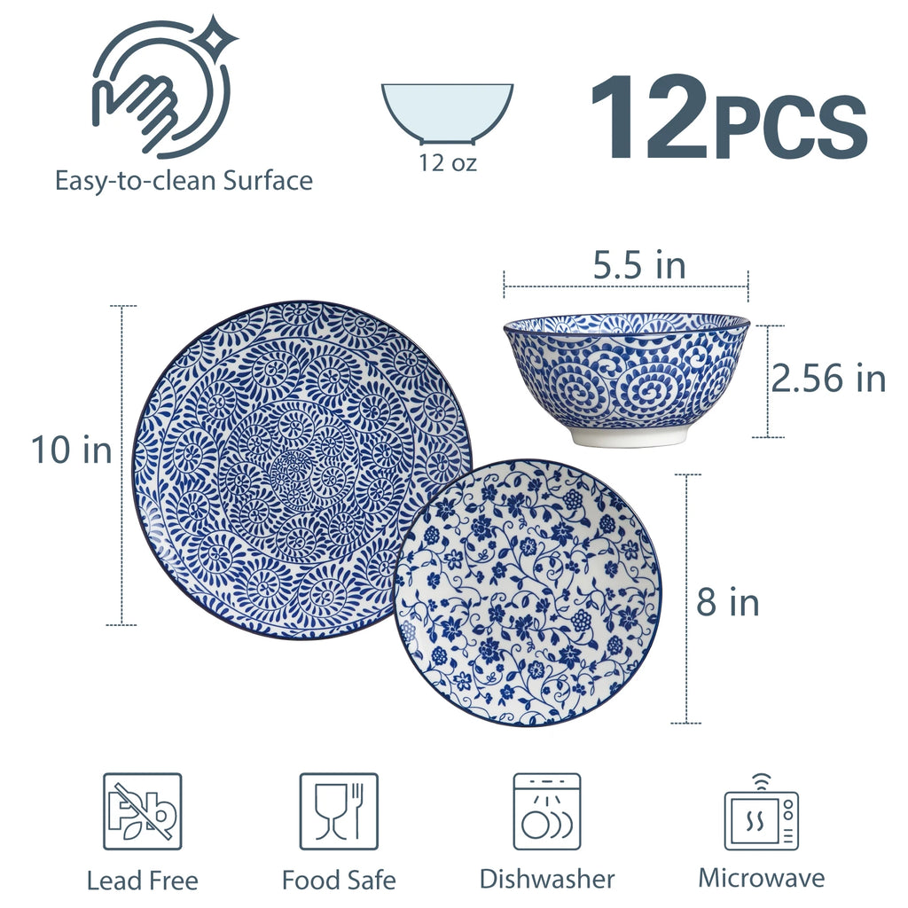 12pcs, Plates and Bowls, Dish Sets Microwave Safe, Vintage Blue