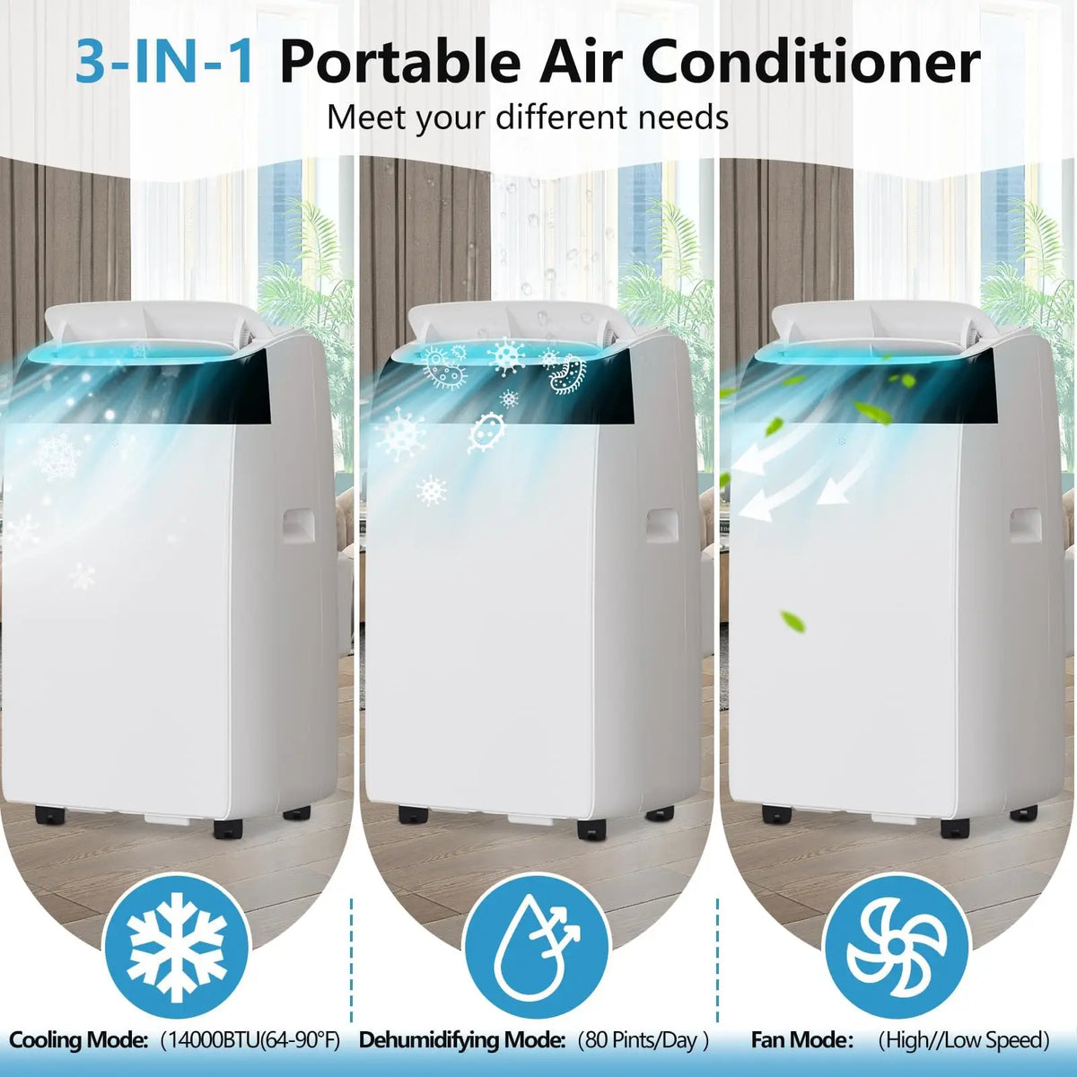 14000 BTU Portable Air Conditioner 3-in-1 AC Unit Cool Dehumidifier Fan  Rooms Up to 750 Sq.ft