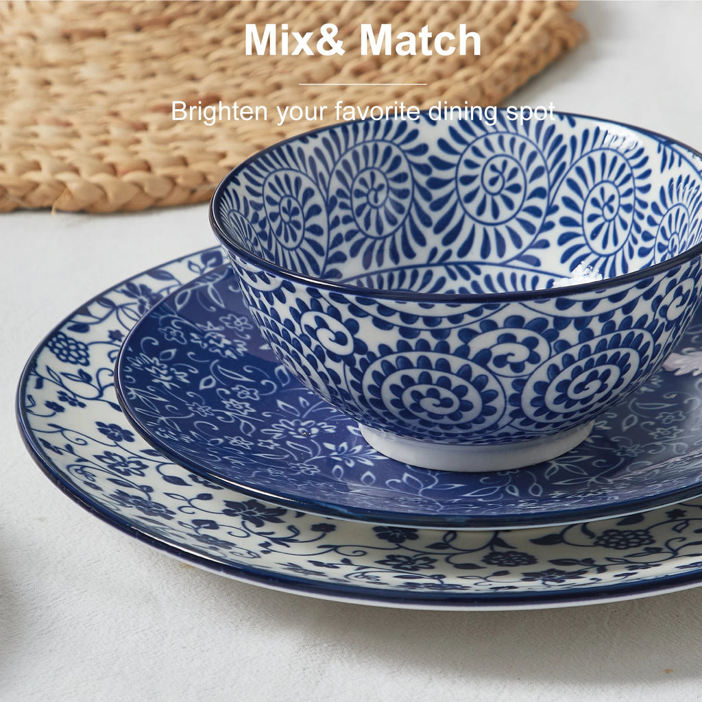 12pcs, Plates and Bowls, Dish Sets Microwave Safe, Vintage Blue