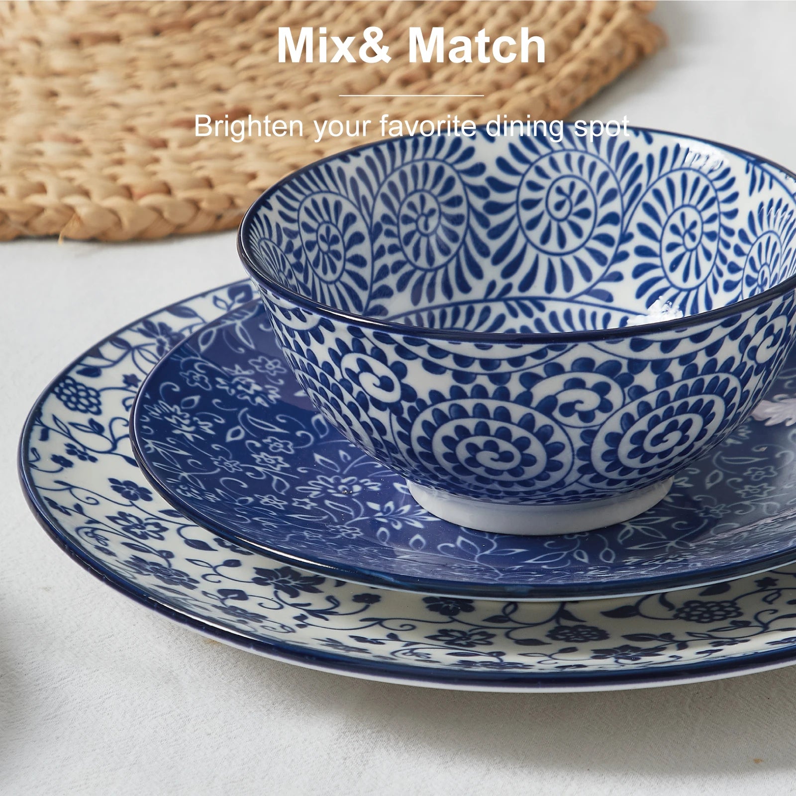 12pcs, Plates and Bowls, Dish Sets Microwave Safe, Vintage Blue