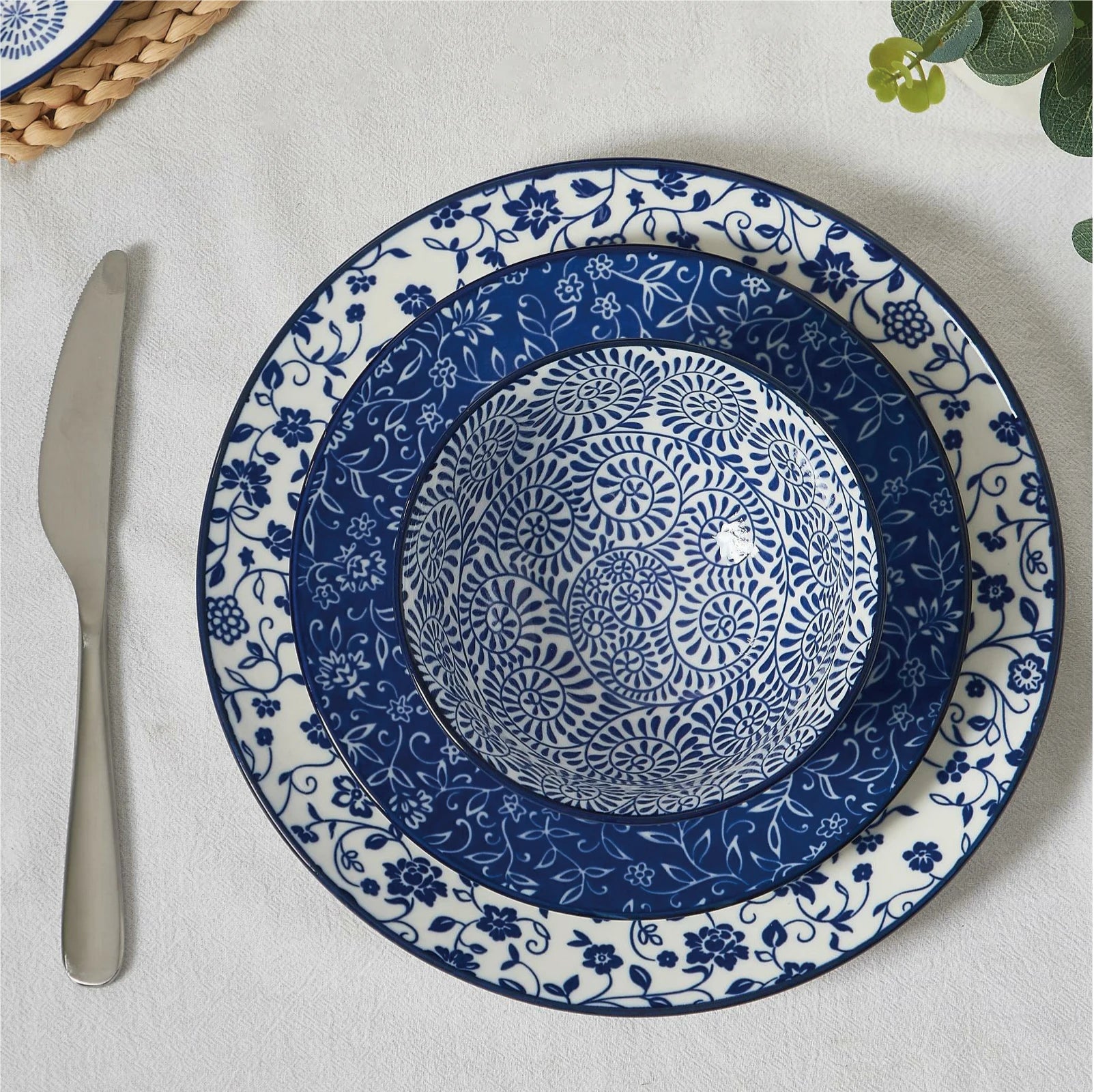 12pcs, Plates and Bowls, Dish Sets Microwave Safe, Vintage Blue