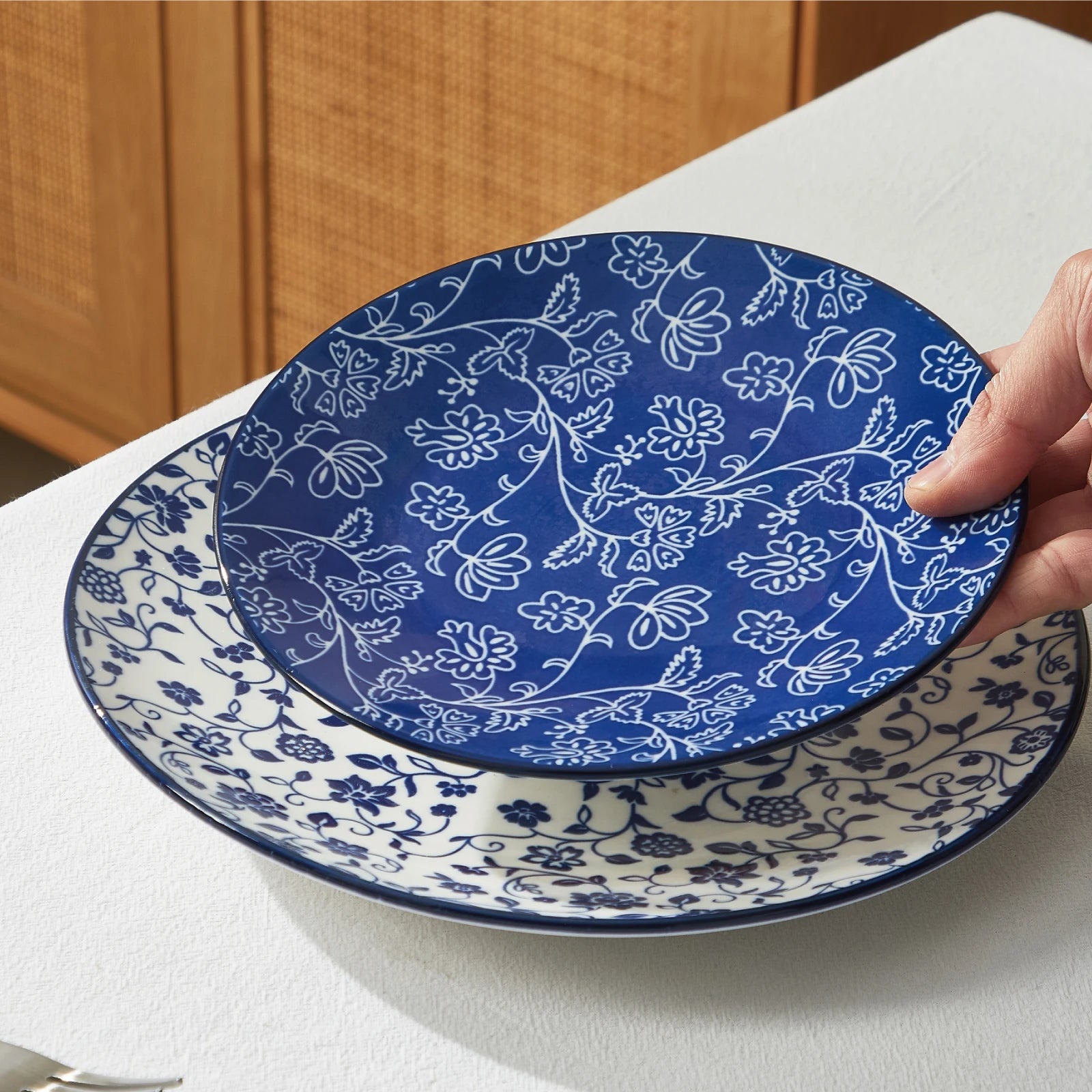 12pcs, Plates and Bowls, Dish Sets Microwave Safe, Vintage Blue