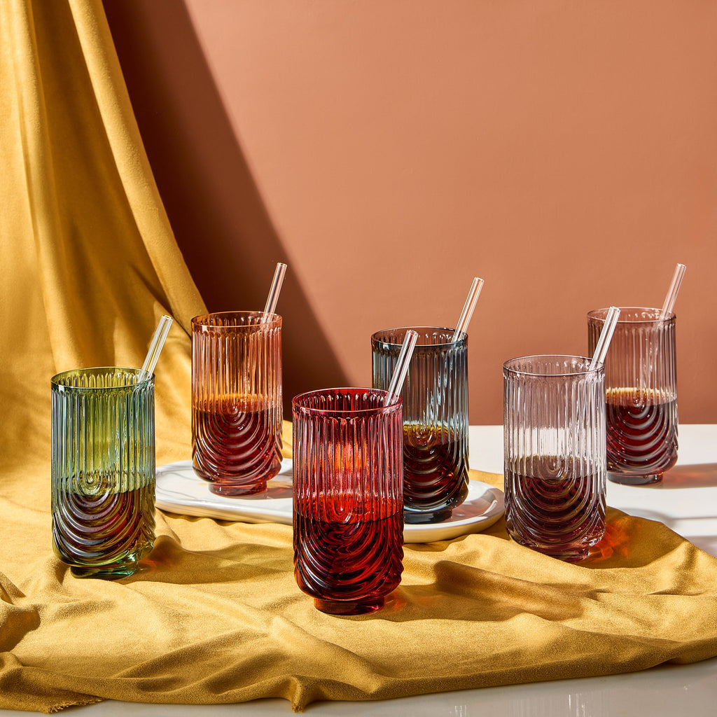 Tonal Highball Glassware With Matching Straw, Set Of 6