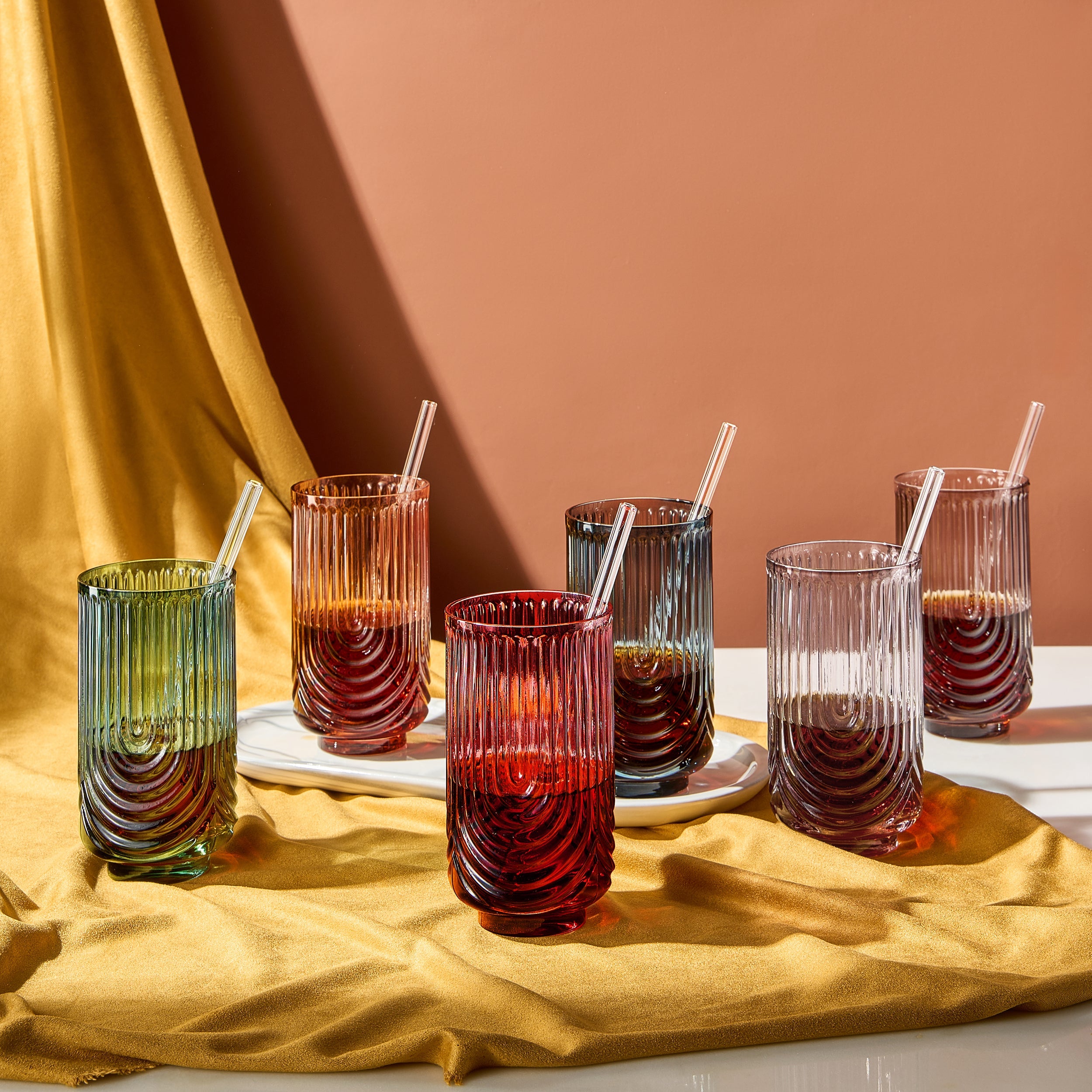 Tonal Highball Glassware With Matching Straw, Set Of 6