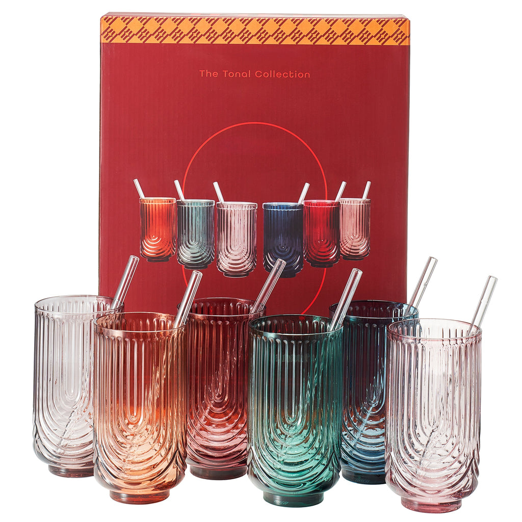 Tonal Highball Glassware With Matching Straw, Set Of 6