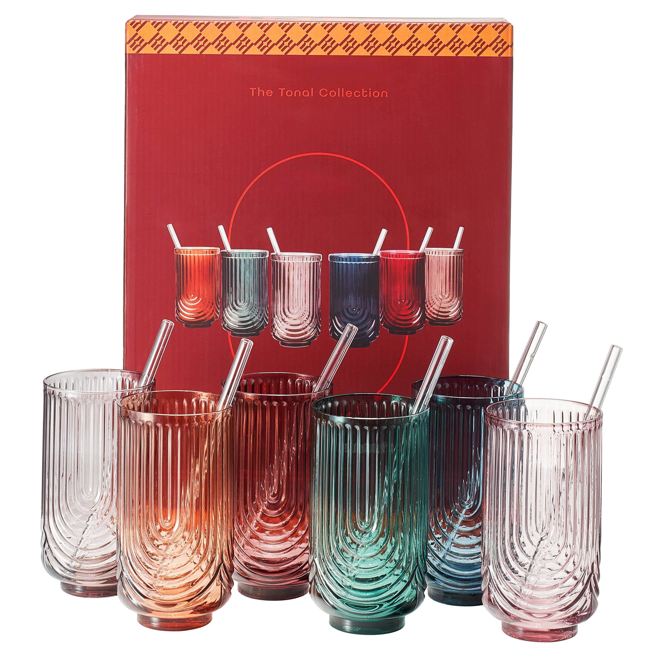 Tonal Highball Glassware With Matching Straw, Set Of 6