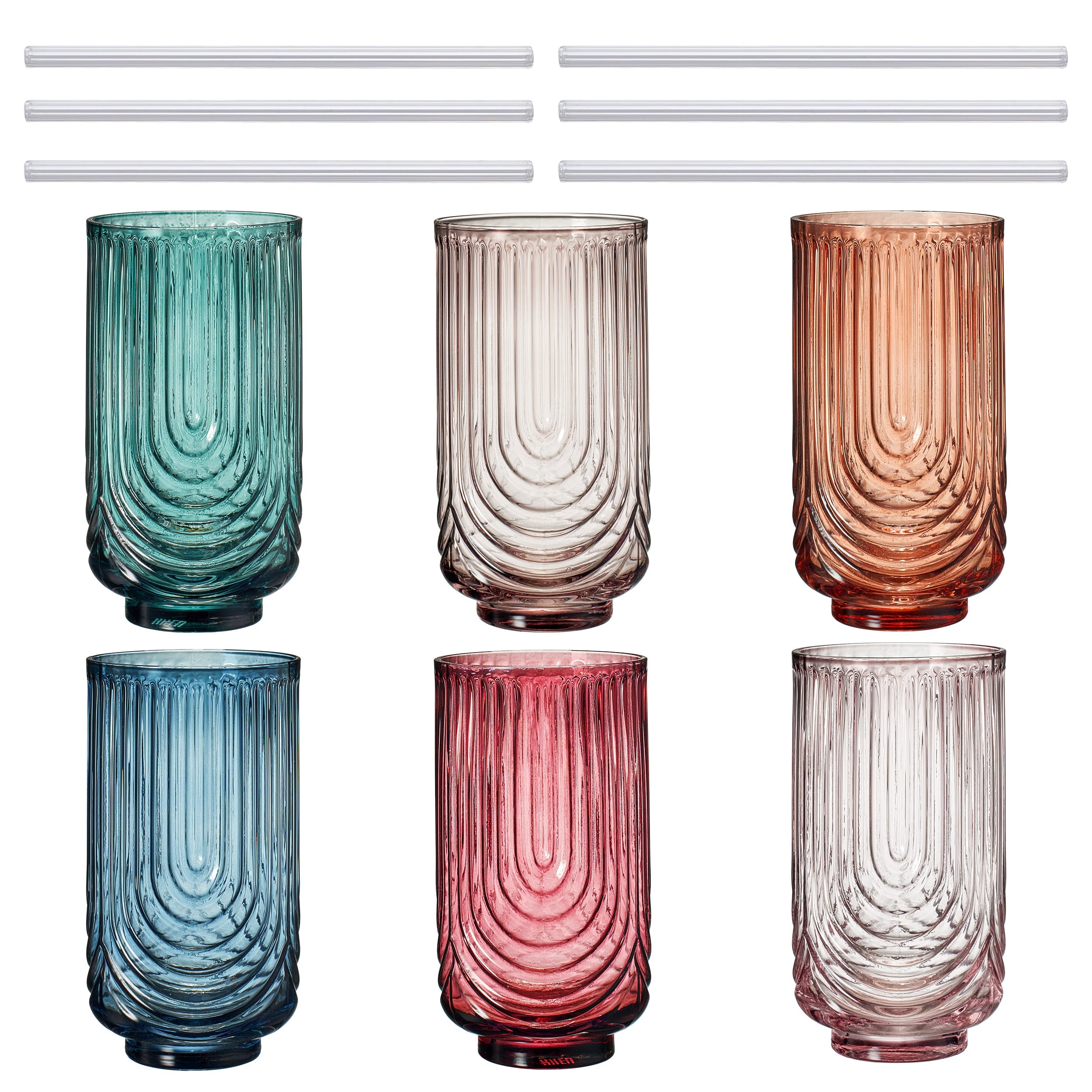 Tonal Highball Glassware With Matching Straw, Set Of 6