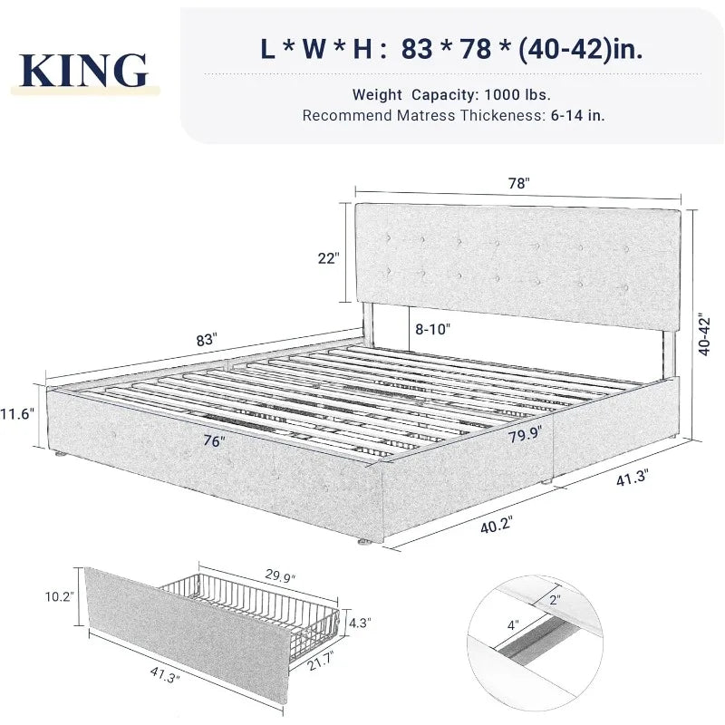 King Platform Bed 4 Storage Drawers