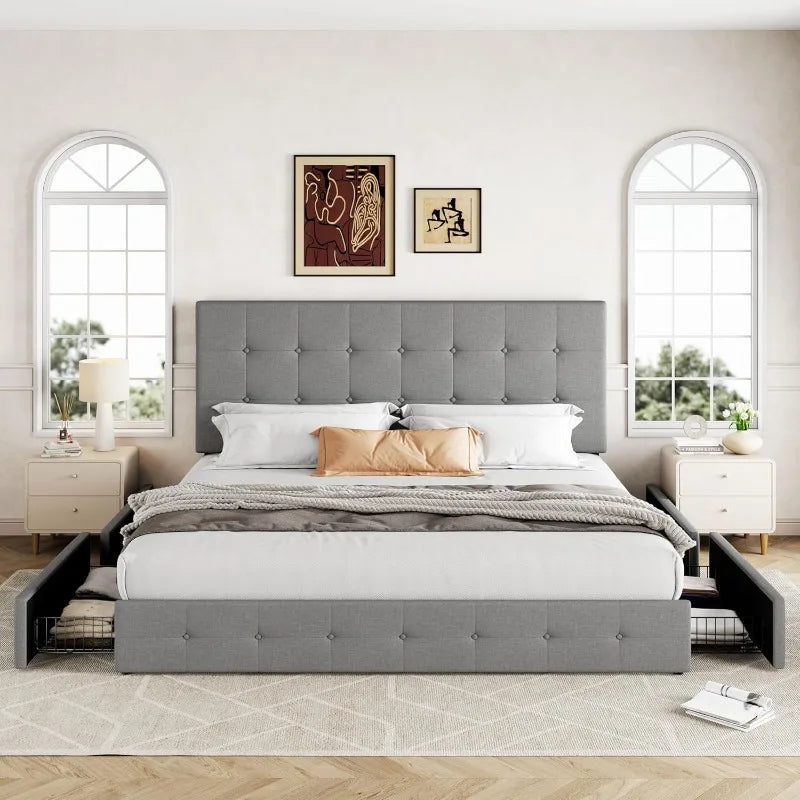 King Platform Bed 4 Storage Drawers