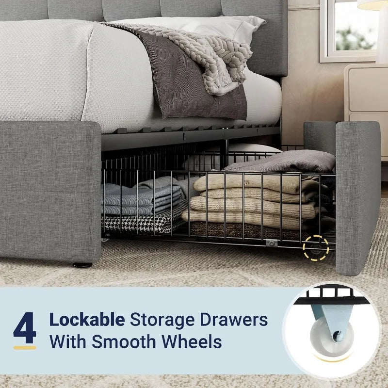 King Platform Bed 4 Storage Drawers