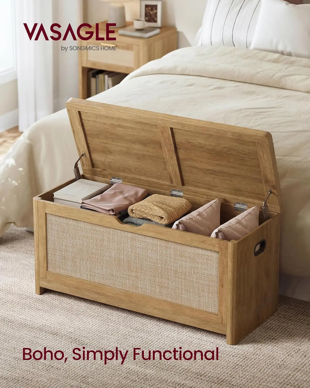 Boho Storage Bench with Rattan Look, Rounded Corners, Hidden Seat for Bedroom Entryway, Natural Brown