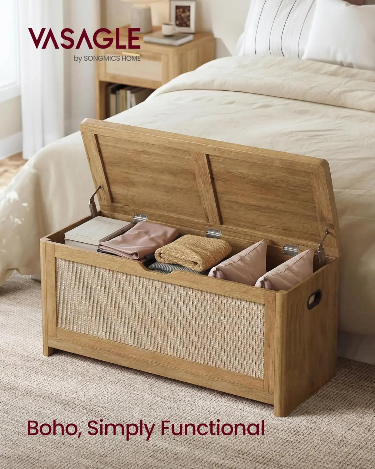 Boho Storage Bench with Rattan Look, Rounded Corners, Hidden Seat for Bedroom Entryway, Natural Brown