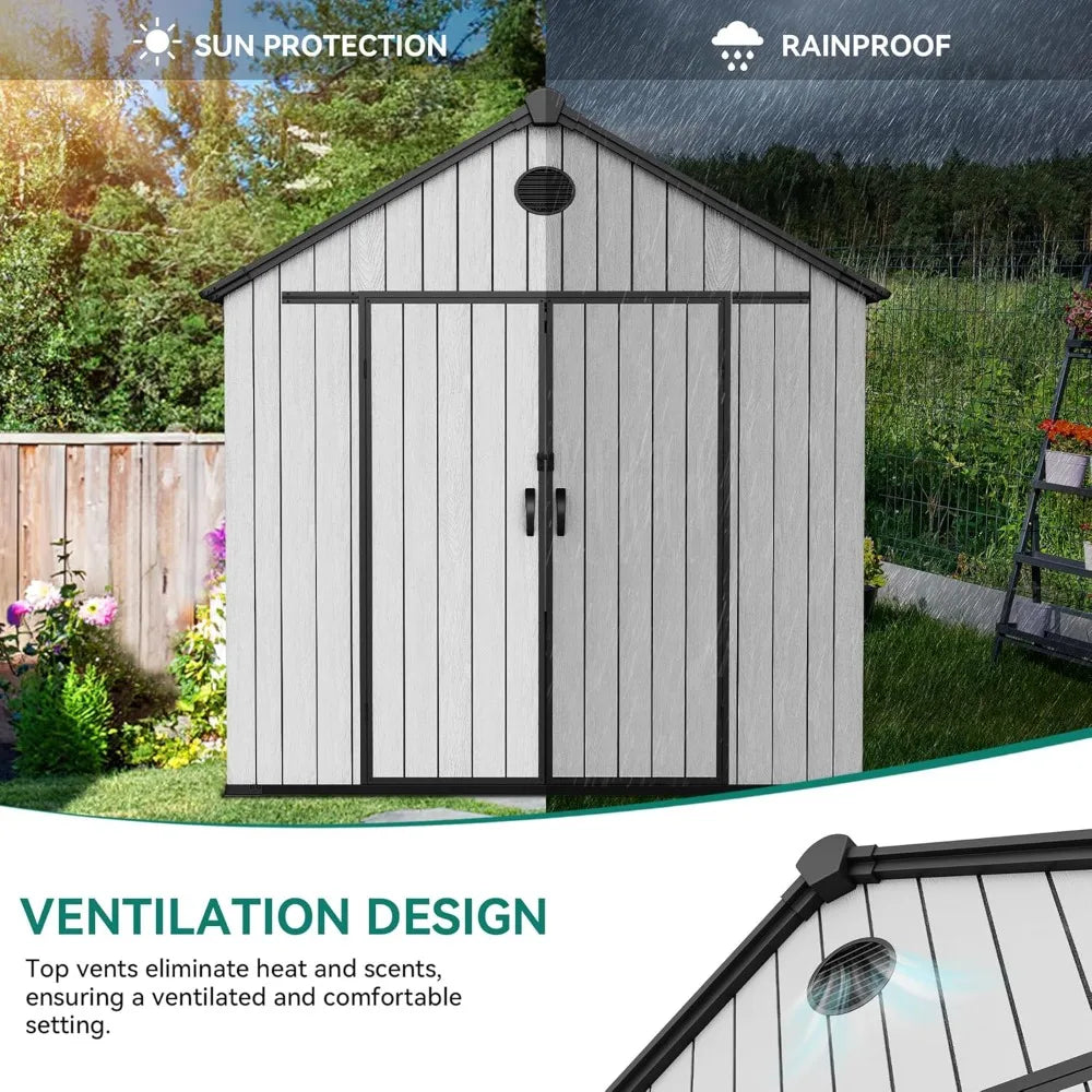 8x16 FT Waterproof Outdoor Storage Shed with Floor, Lockable Doors, 875 cu. ft. Resin Garden Shed for Tools & Bikes