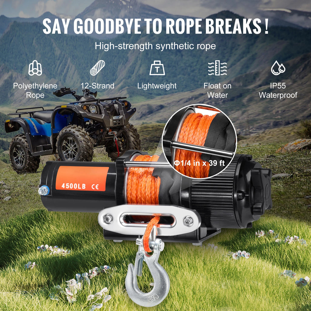 4500lbs ATV/UTV Electric Winch 12V  39ft Synthetic Rope Wireless  Remote Control IP55 Waterproof