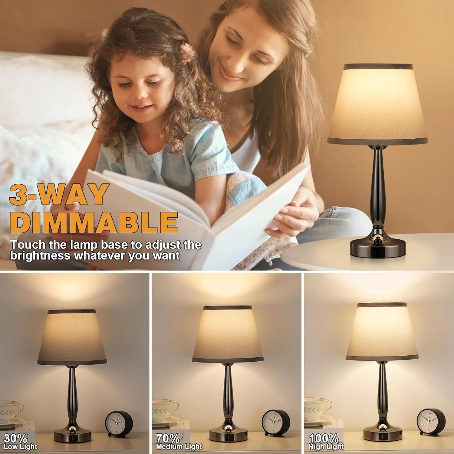 Touch Table Lamp with USB C Charging, 3-Way Dimmable Nightstand Light for Bedroom and Office, LED Bulb Included