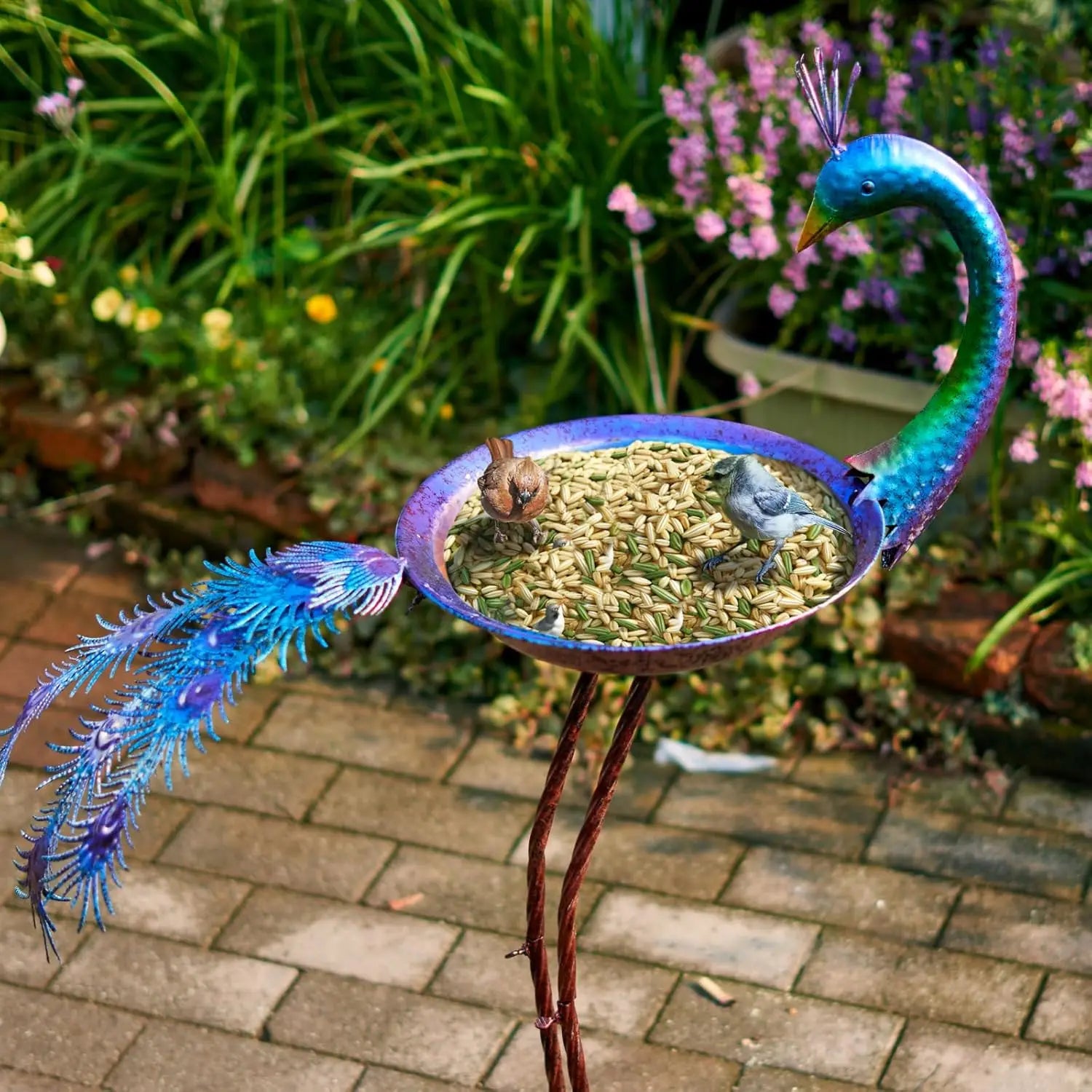 38.2" H Peacock-Shaped Metal Bird Bath and Feeder for Outdoor Garden Decor, Multicolor