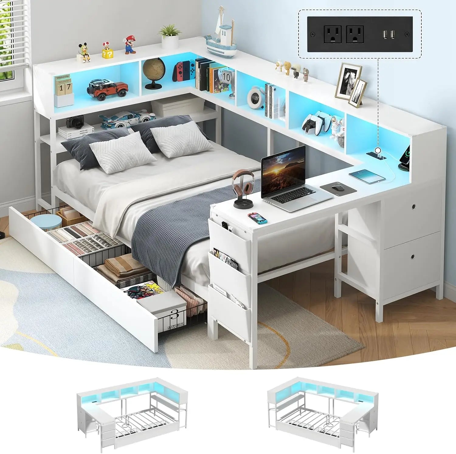 Twin Corner Bed with Desk, Storage & LED Lights - Multi-Functional Teen Bed Frame with Charging Station