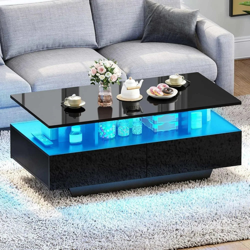 Black High Gloss LED Coffee Table with 4 Drawers