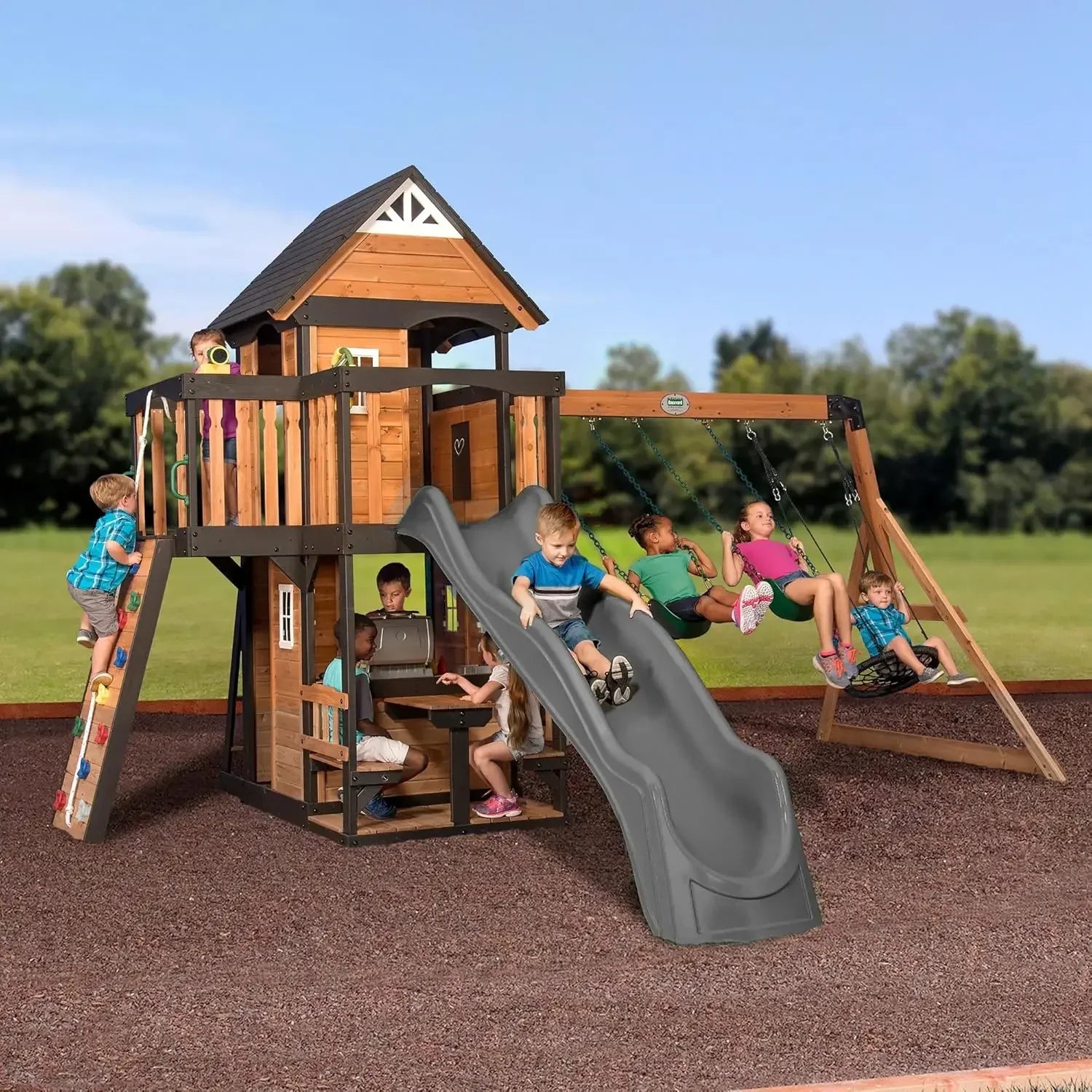 Clubhouse, Play Kitchen, Picnic Area, Belt Swings, Web Swing, Rock Wall,