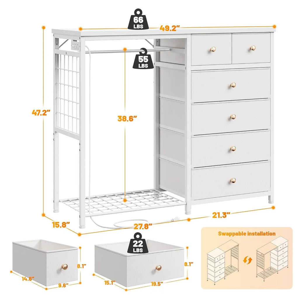 White Dresser Hanging Rack, 6 Drawers Dresser LED Lights & Charging Station