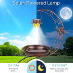 Vintage Metal Standing Bird Bath with Solar Lamp and Flower Planter, 36" H x 19.6" W, Attracts Birds to Garden