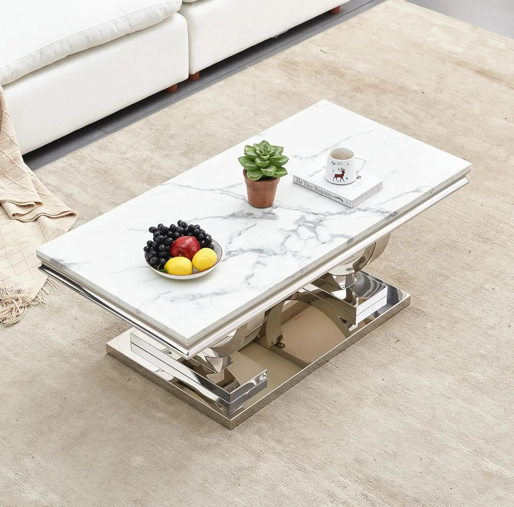 47" Coffee Table with White Marble Top, Modern Rectangular Faux Marble Coffee Table, Luxury White Cocktail Center Table