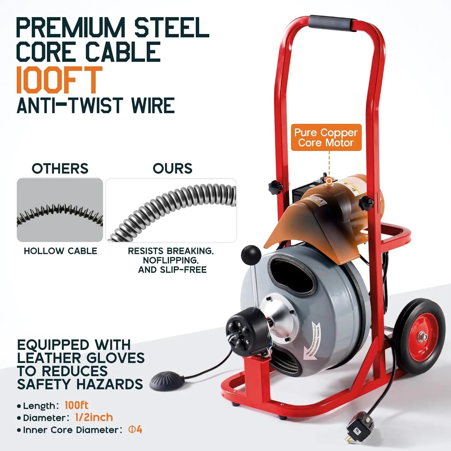 100 FT x 1/2 inch Electric Drain Cleaner