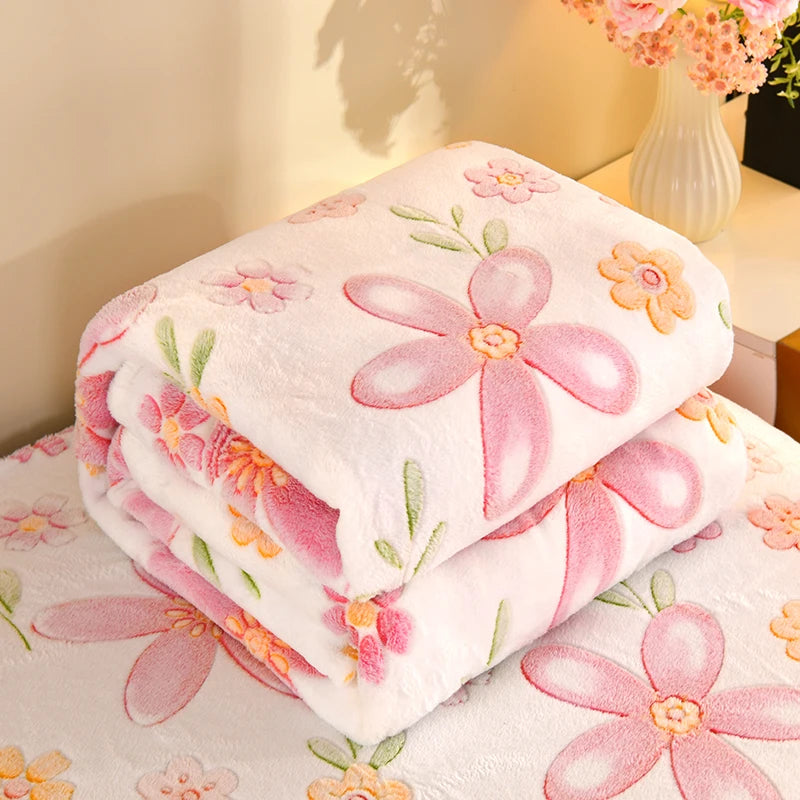 1pc Floral Style Warm Bedspread Fleece Blanket