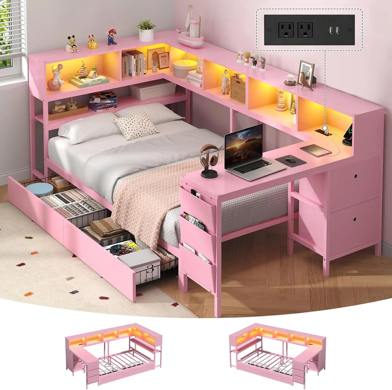Twin Corner Bed with Desk, Storage & LED Lights - Multi-Functional Teen Bed Frame with Charging Station