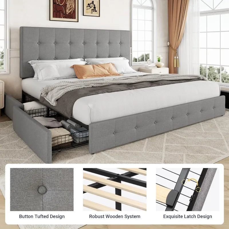King Platform Bed 4 Storage Drawers