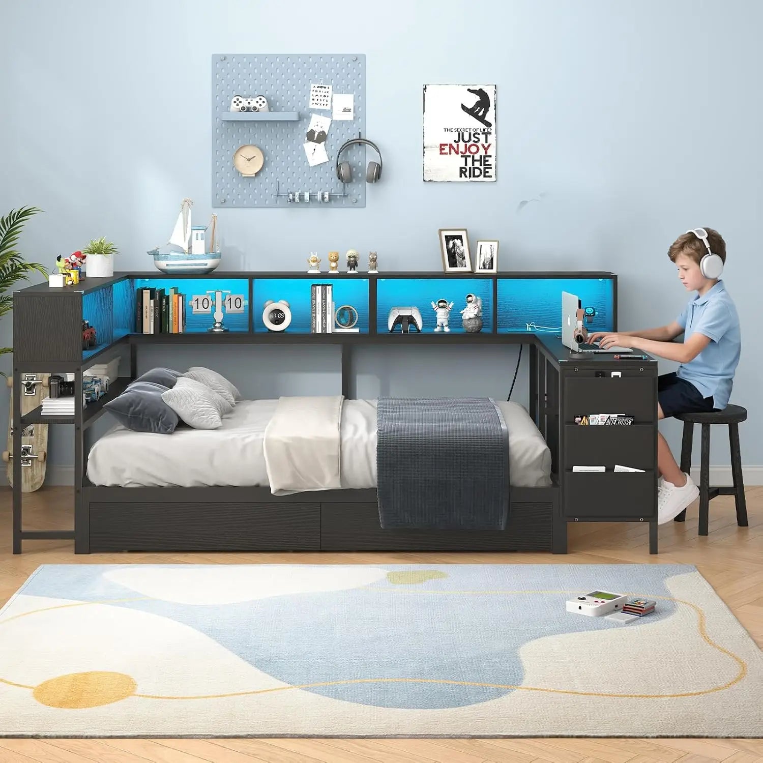 Twin Corner Bed with Desk, Storage & LED Lights - Multi-Functional Teen Bed Frame with Charging Station