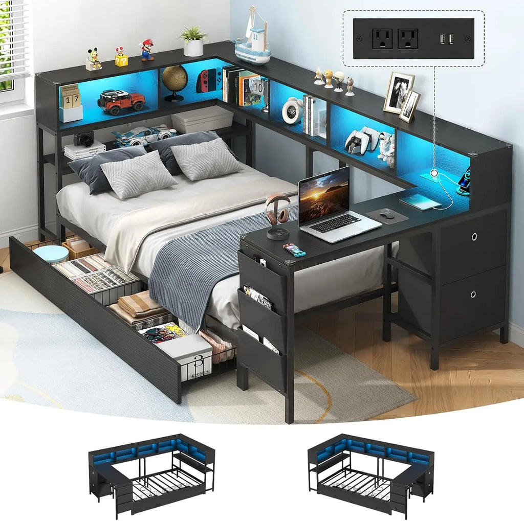 Twin Corner Bed with Desk, Storage & LED Lights - Multi-Functional Teen Bed Frame with Charging Station