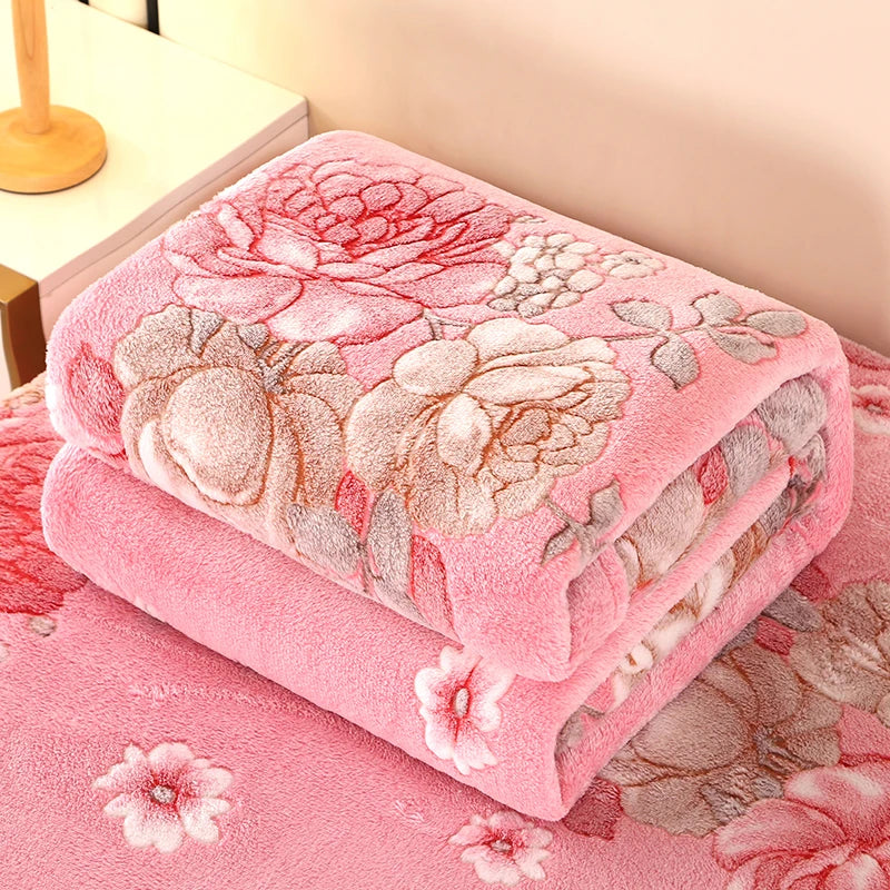 1pc Floral Style Warm Bedspread Fleece Blanket
