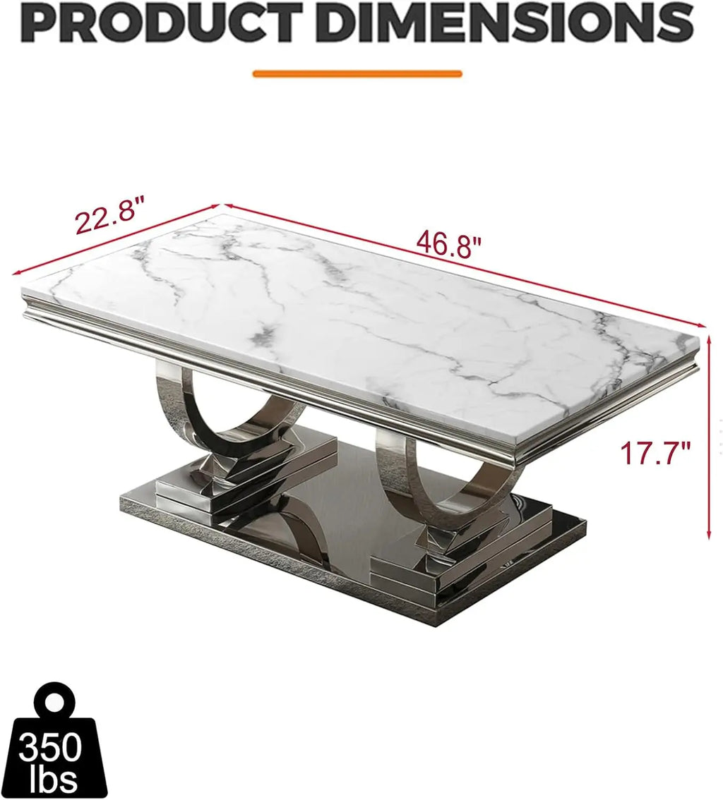 47" Coffee Table with White Marble Top, Modern Rectangular Faux Marble Coffee Table, Luxury White Cocktail Center Table