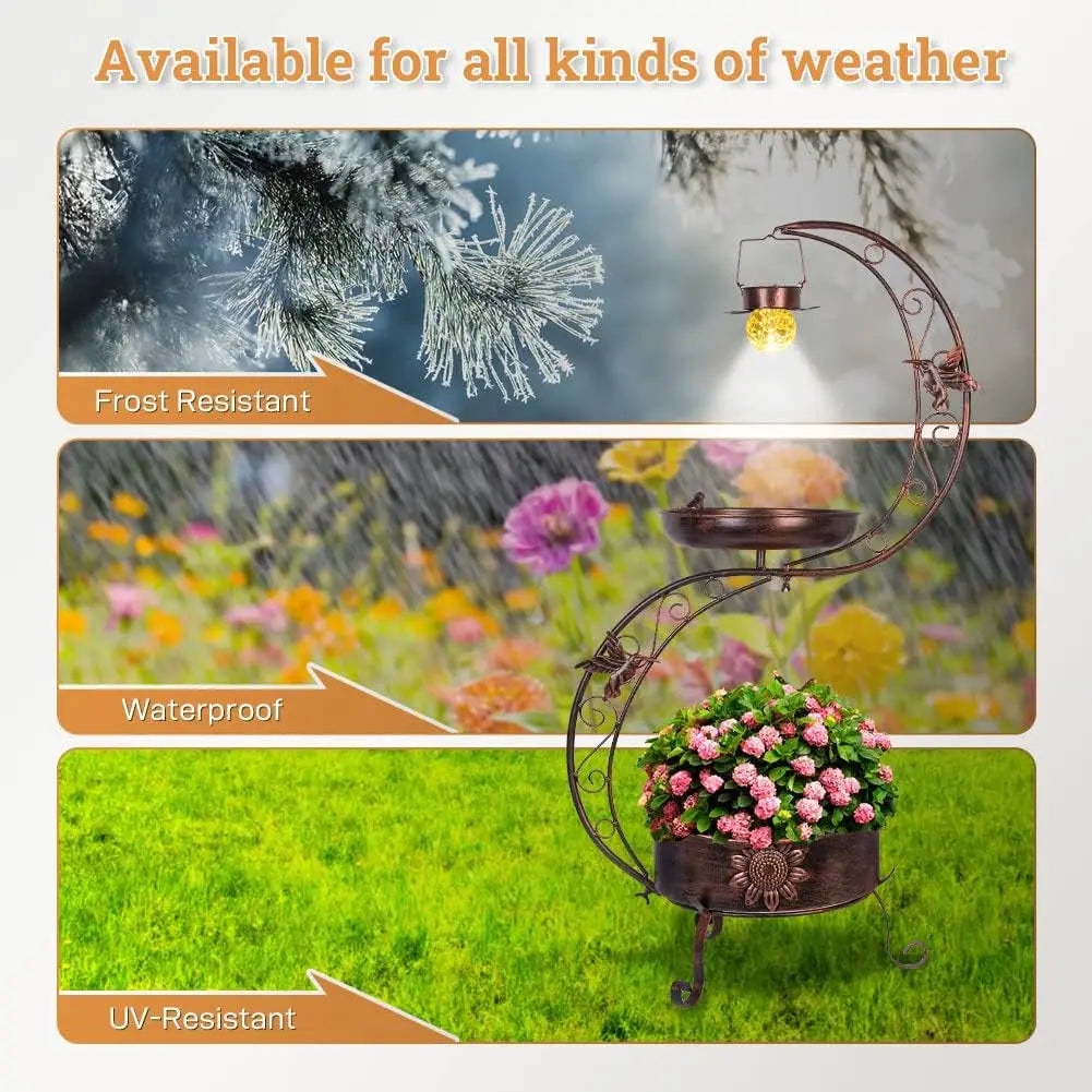 Vintage Metal Standing Bird Bath with Solar Lamp and Flower Planter, 36" H x 19.6" W, Attracts Birds to Garden