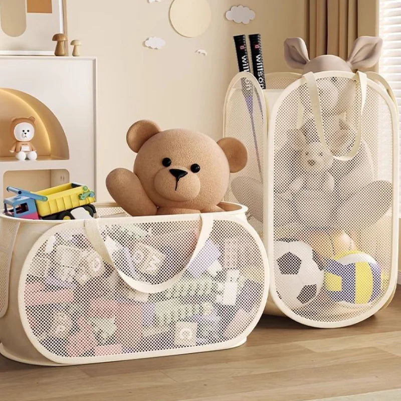 Foldable Mesh Toy Storage Basket, Large Breathable Mesh Laundry Hamper with Handles, Vertical & Horizontal Dual Styles Kids Toy