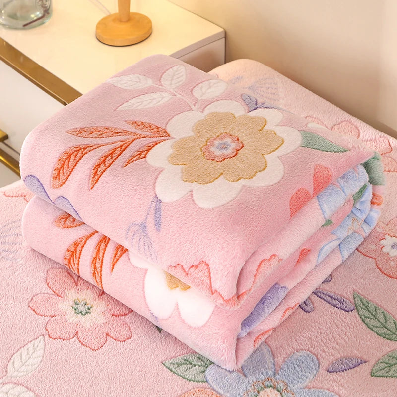 1pc Floral Style Warm Bedspread Fleece Blanket