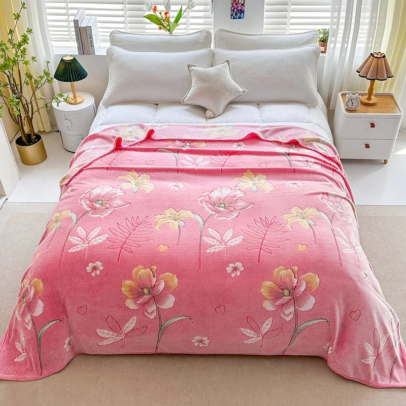 1pc Floral Style Warm Bedspread Fleece Blanket