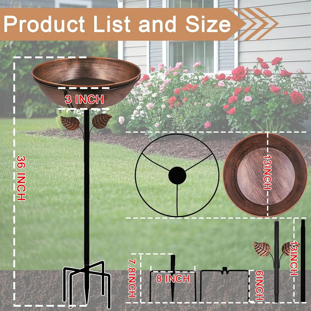 3" Deep Metal Bird Bath with Removable Bowl, Stable Stake for Garden Decor, Easy Clean