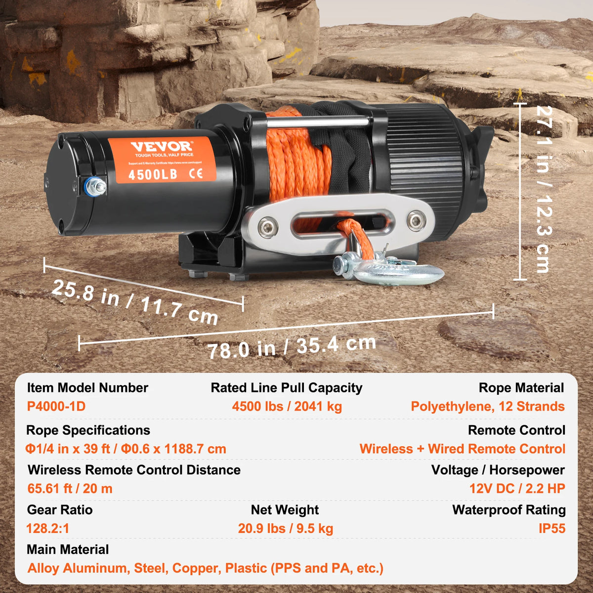 4500lbs ATV/UTV Electric Winch 12V  39ft Synthetic Rope Wireless  Remote Control IP55 Waterproof
