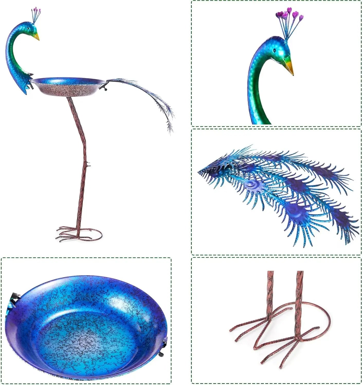 38.2" H Peacock-Shaped Metal Bird Bath and Feeder for Outdoor Garden Decor, Multicolor