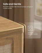 Boho Storage Bench with Rattan Look, Rounded Corners, Hidden Seat for Bedroom Entryway, Natural Brown