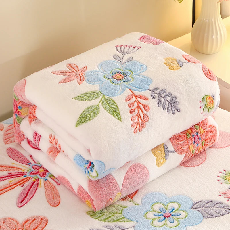 1pc Floral Style Warm Bedspread Fleece Blanket