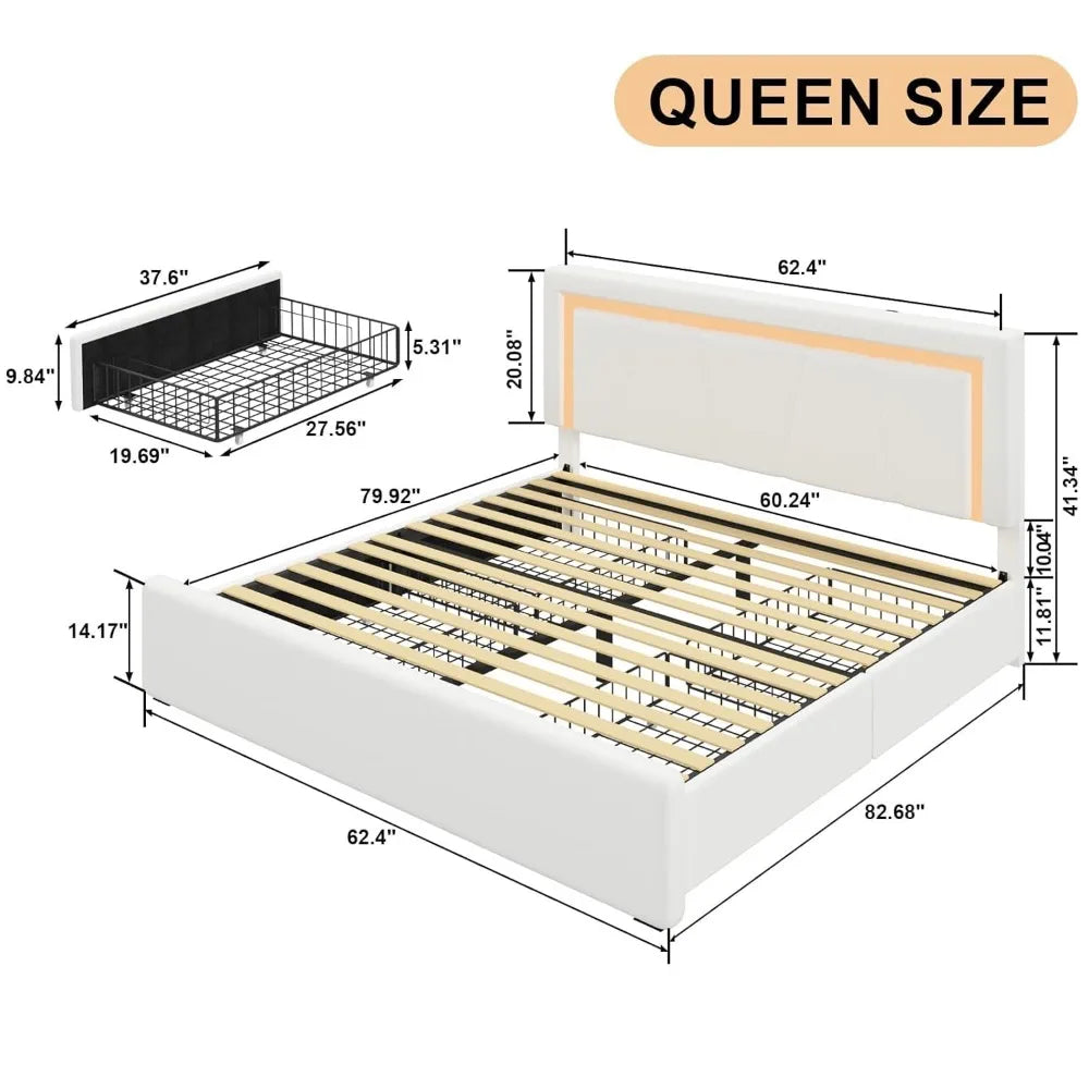 Bed Frame  4 Storage Drawers LED Bed Type-C&USB