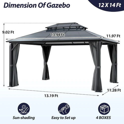 12' x 14' Hardtop Gazebo with Double Polycarbonate Roof,