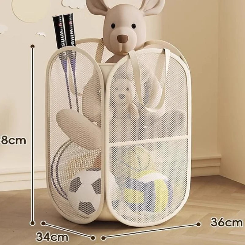 Foldable Mesh Toy Storage Basket, Large Breathable Mesh Laundry Hamper with Handles, Vertical & Horizontal Dual Styles Kids Toy