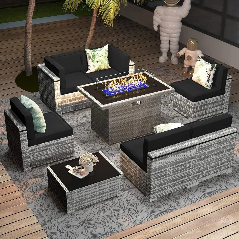 8-Piece Wicker Set Propane Fire Pit Table